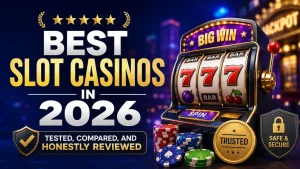 Featured image showing a modern slot machine with casino chips, five-star rating, trusted review badge, and security icon representing the best slot casinos reviewed and compared in 2026.