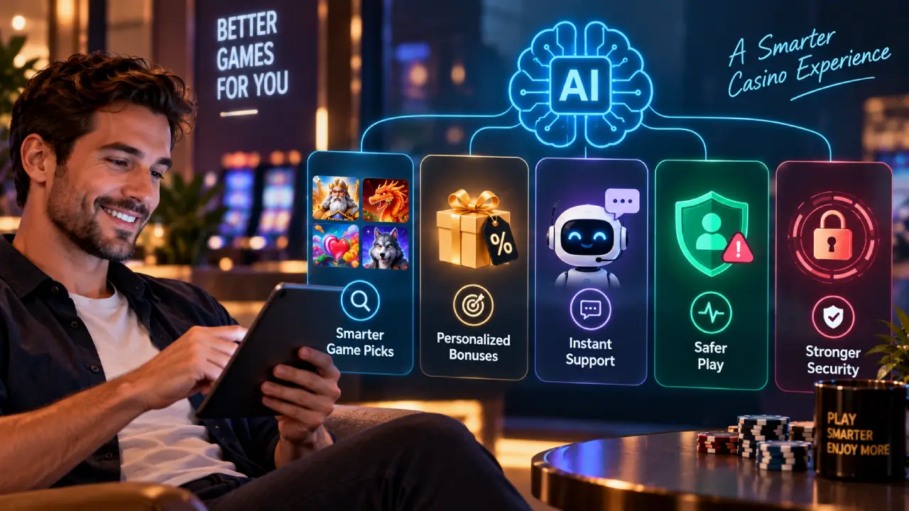 AI-powered online casino personalization showing smarter game recommendations, personalized bonuses, instant support, safer play tools, and stronger account security.