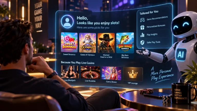 AI-powered online casino interface showing personalized slot recommendations, bonuses, play insights, and safer gambling tools.