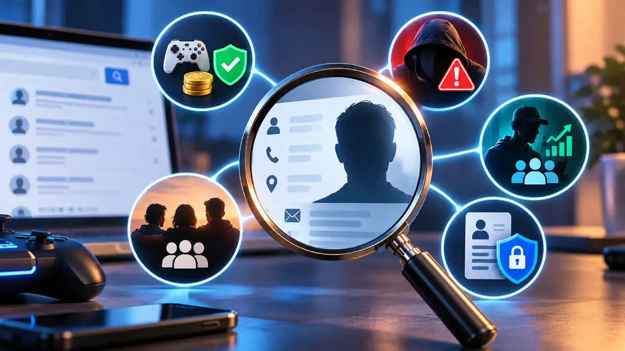 People search tool checking an online profile with visual icons for seller verification, scam detection, tipster checks, reconnecting with friends, and personal privacy protection.