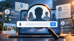 Modern people search interface with a magnifying glass, profile records, location data, contact details, and public information lookup tools.