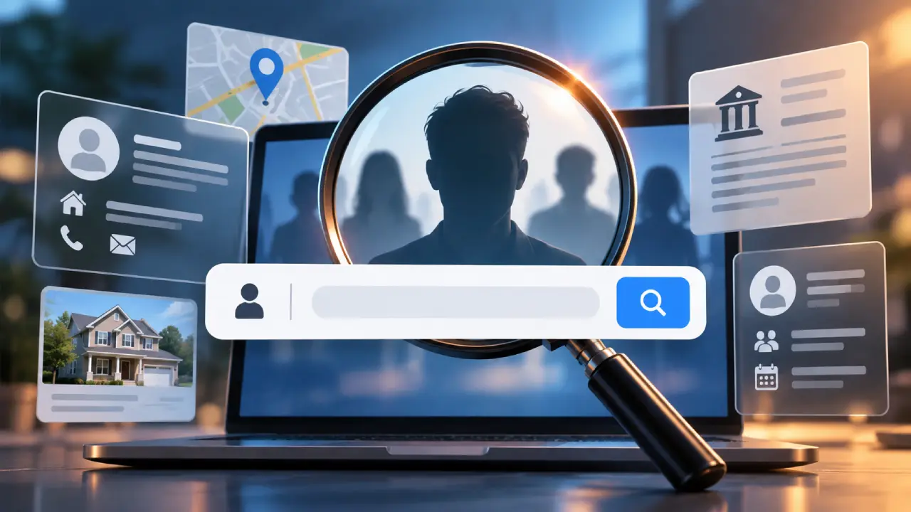 Modern people search interface with a magnifying glass, profile records, location data, contact details, and public information lookup tools.
