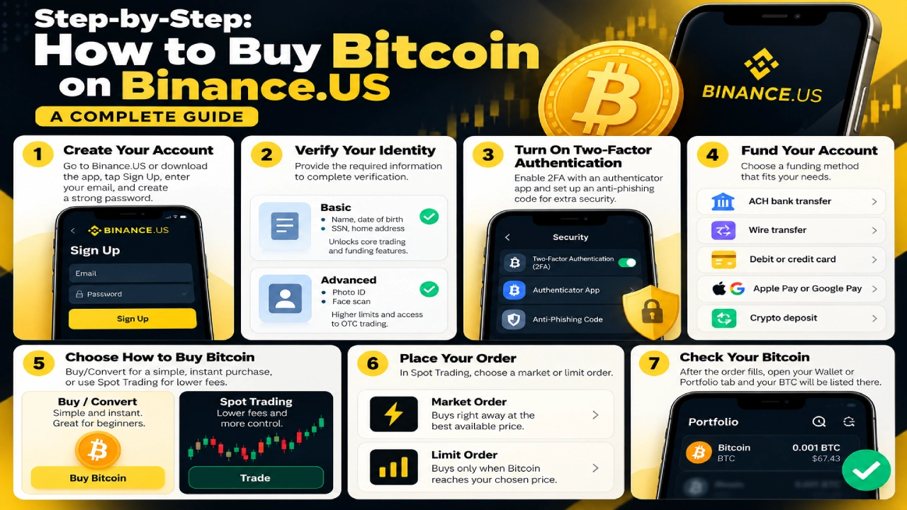 Step-by-step infographic showing how to buy Bitcoin on Binance.US, including account creation, identity verification, 2FA, funding, buying options, order types, and checking your Bitcoin