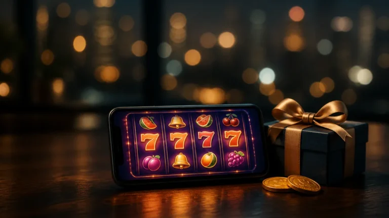 Phone with glowing reels and a gift box for pokies welcome deals